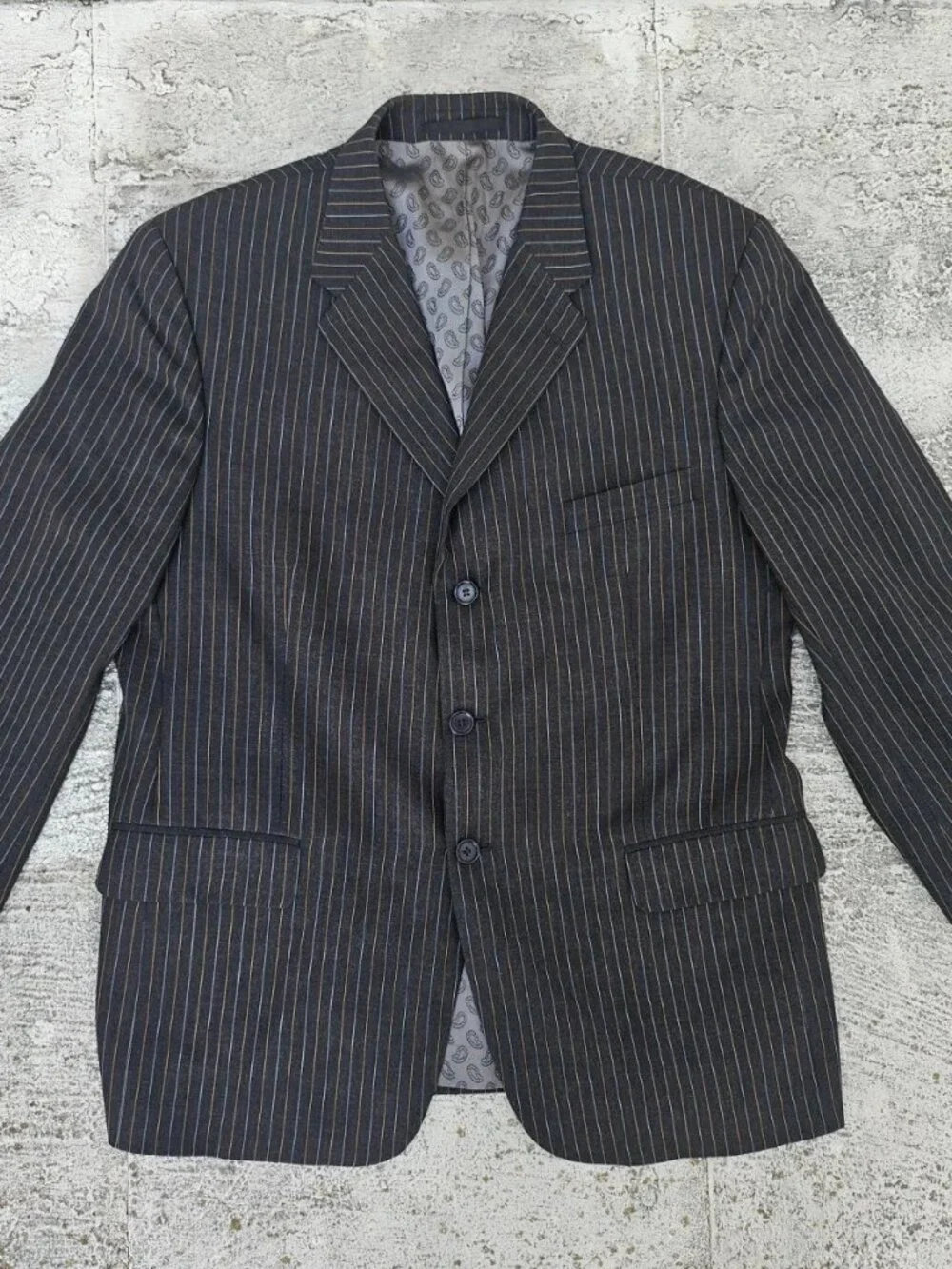 Vintage Men Blazer Jacket Sport Coat Black Multi Color Stripe Read desc size 44L